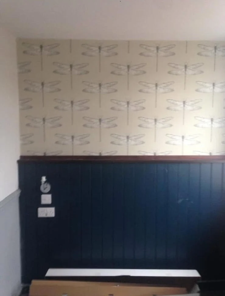 Dragonfly wallpaper with deep navy painted panelling below dado rail
